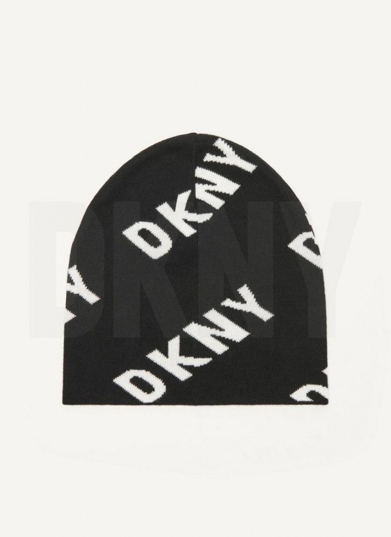 Black Men's DKNY Allover Logo Beanie | Australia-D0385