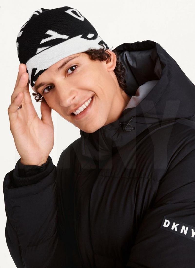 Black Men\'s DKNY Allover Logo Beanie | Australia-D0385