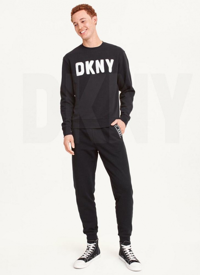 Black Men's DKNY Chenille Logo Crewneck Sweatshirts | Australia-D1672