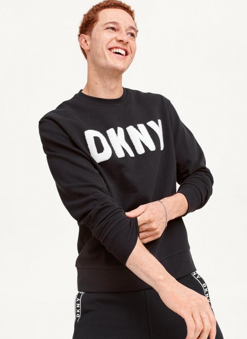 Black Men\'s DKNY Chenille Logo Crewneck Sweatshirts | Australia-D1672