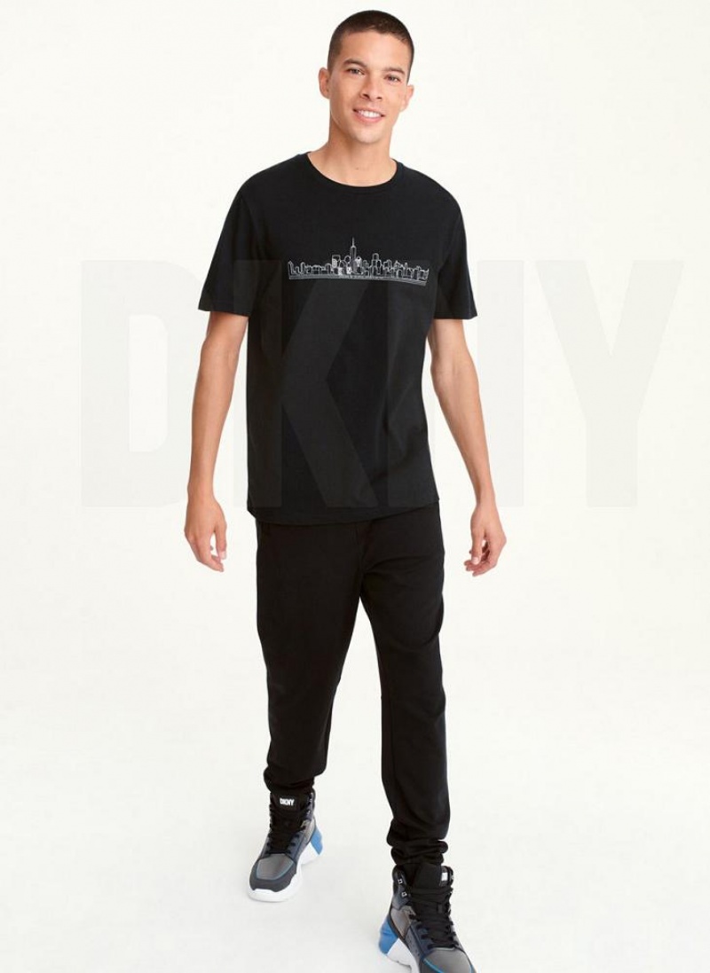 Black Men's DKNY Cityscape Sketch T Shirts | Australia-D1706