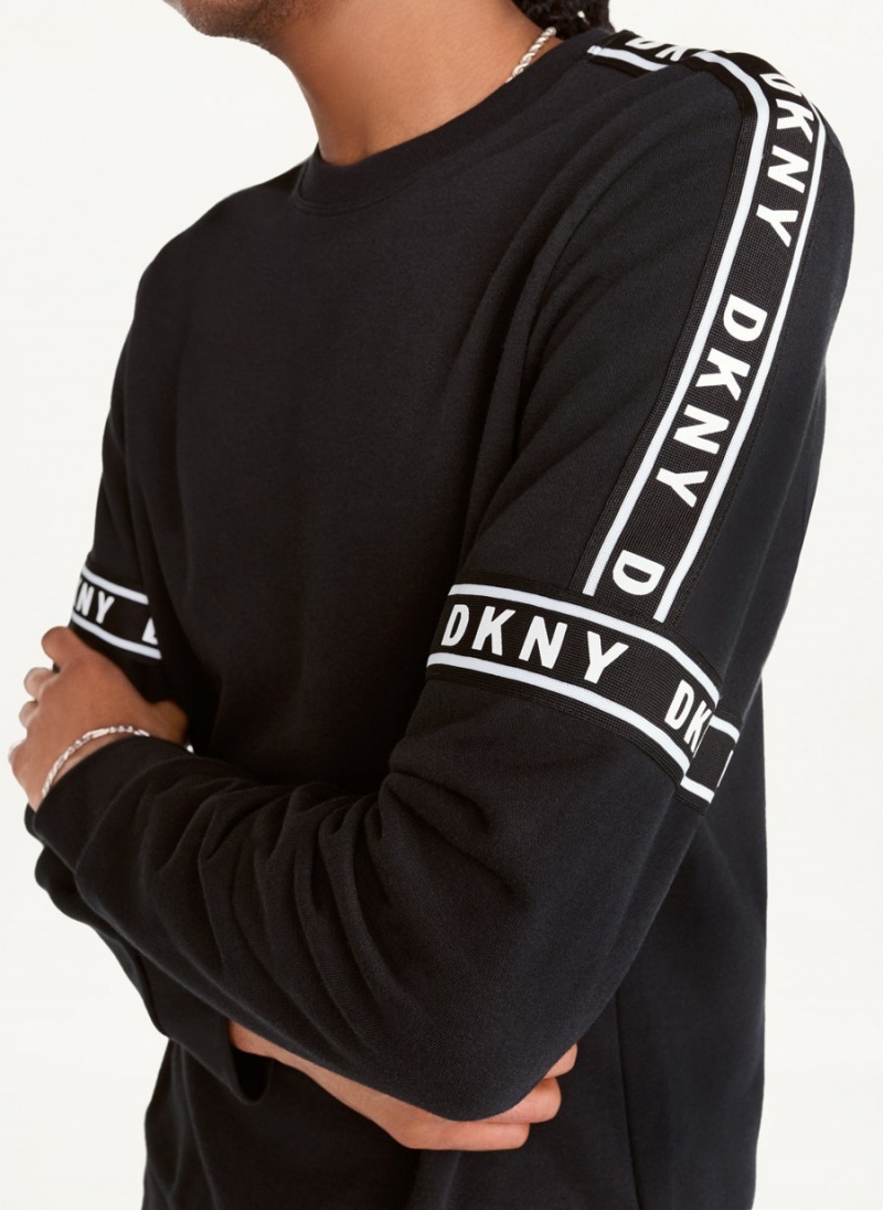 Black Men's DKNY Cotton French Terry Hockey Crewneck Sweatshirts | Australia-D0908