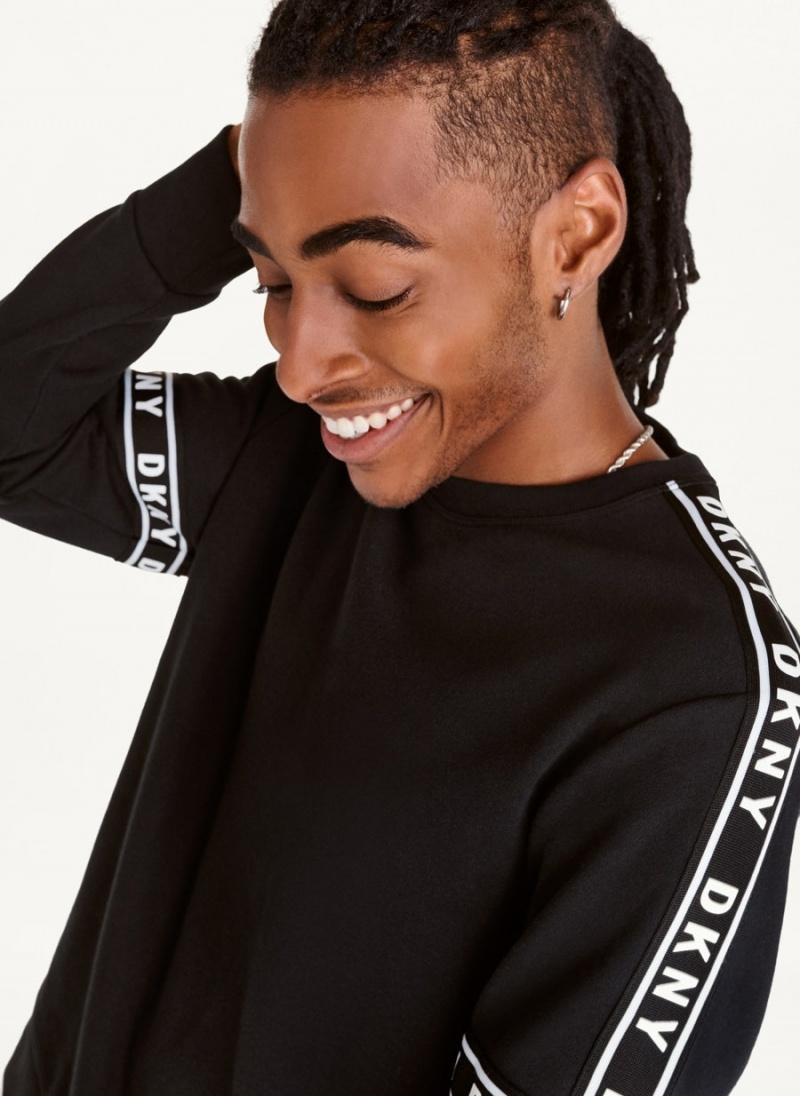 Black Men's DKNY Cotton French Terry Hockey Crewneck Sweatshirts | Australia-D0908