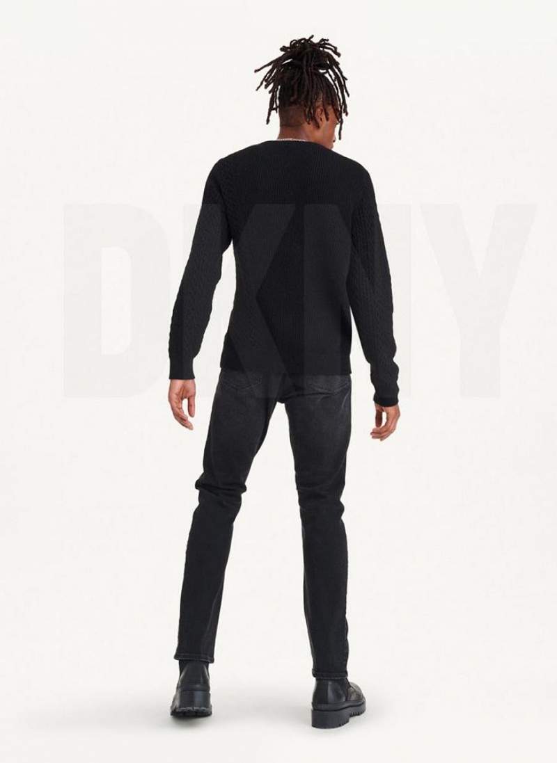Black Men's DKNY Diagonal Cable Crew Sweaters | Australia-D1132