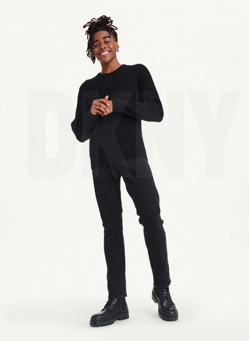 Black Men's DKNY Diagonal Cable Crew Sweaters | Australia-D1132