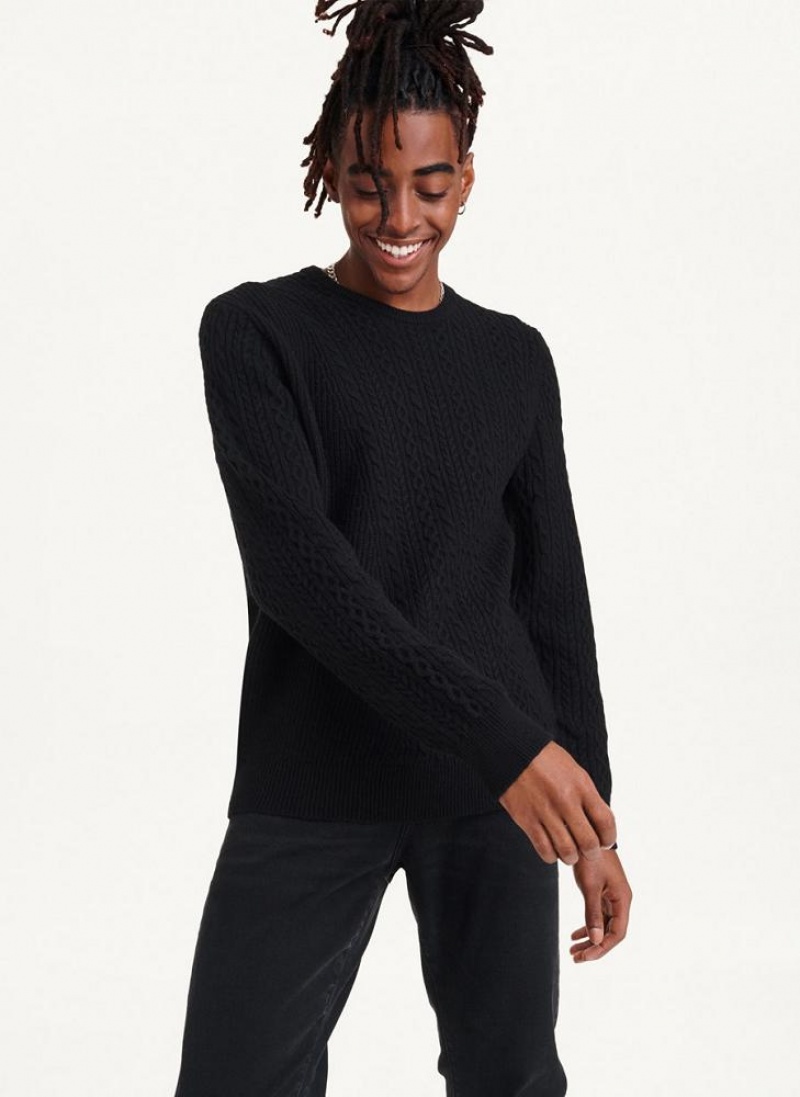 Black Men's DKNY Diagonal Cable Crew Sweaters | Australia-D1132