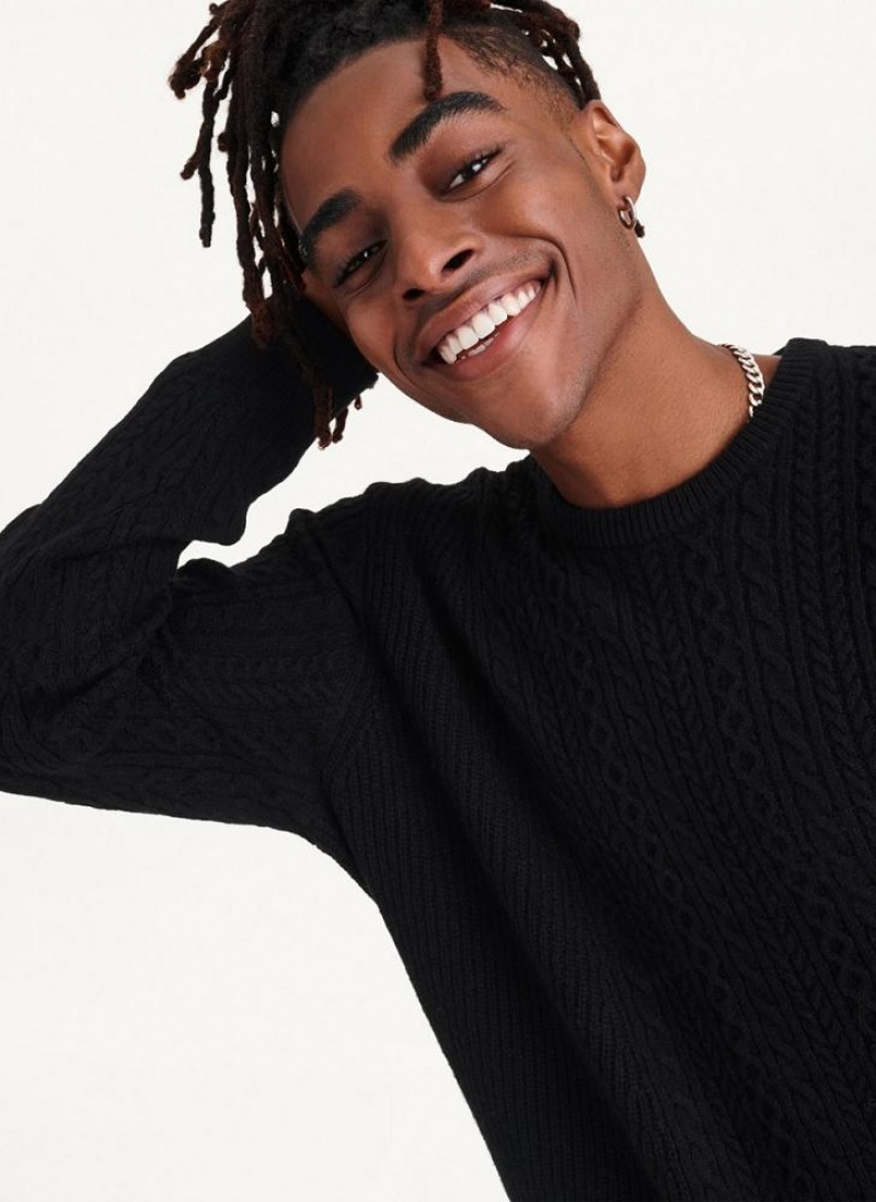 Black Men's DKNY Diagonal Cable Crew Sweaters | Australia-D1132
