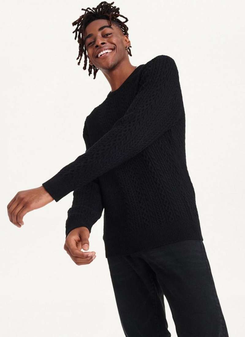 Black Men\'s DKNY Diagonal Cable Crew Sweaters | Australia-D1132