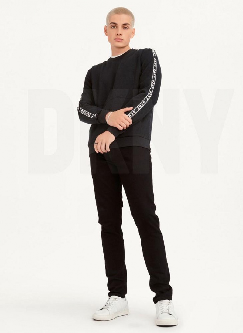 Black Men's DKNY Directional Quilting Crewneck Sweatshirts | Australia-D0208