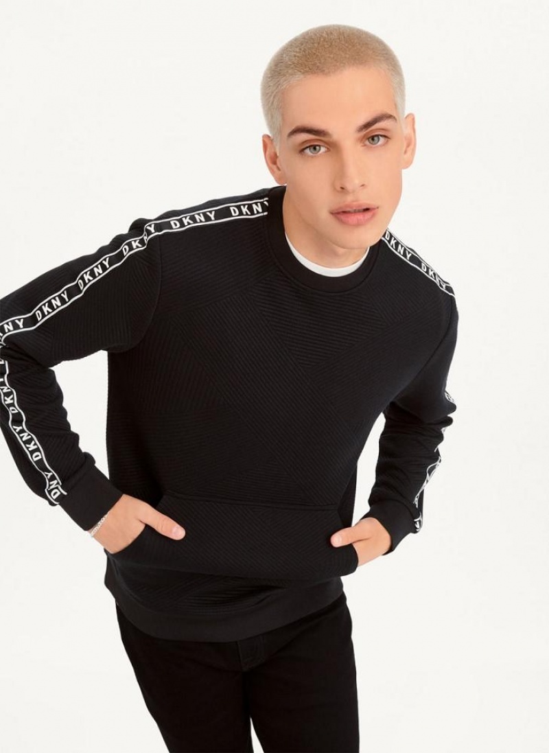 Black Men\'s DKNY Directional Quilting Crewneck Sweatshirts | Australia-D0208