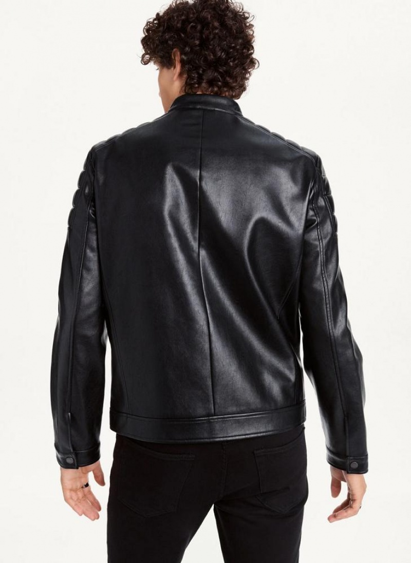 Black Men's DKNY Faux-Leather Contrast Motocross Jackets | Australia-D1902