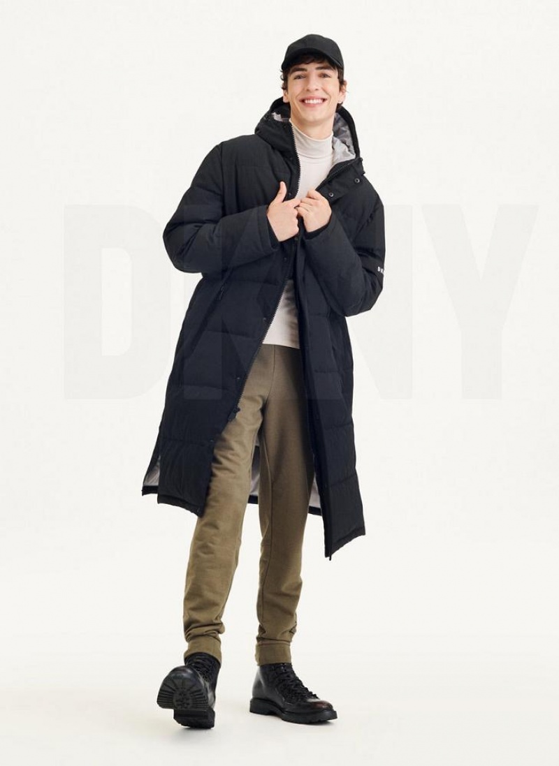 Black Men's DKNY Long Quilted Coats | Australia-D0702