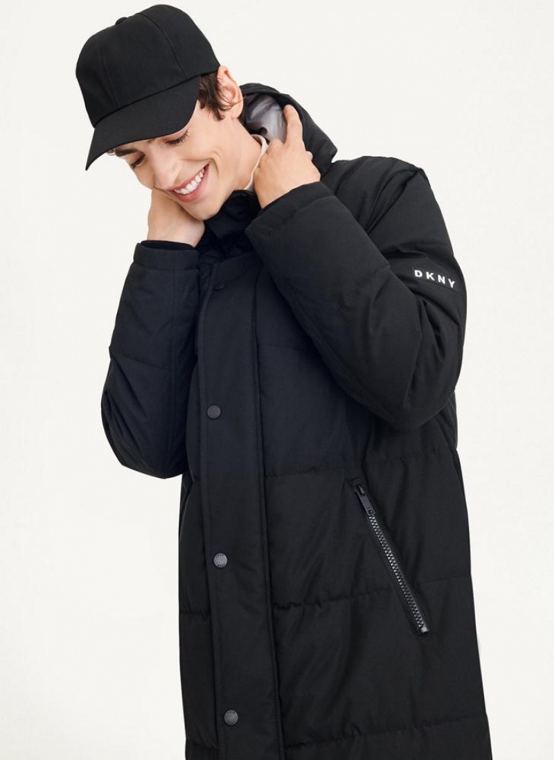 Black Men's DKNY Long Quilted Coats | Australia-D0702