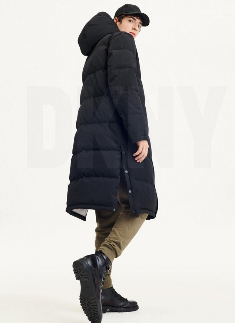 Black Men's DKNY Long Quilted Coats | Australia-D0702