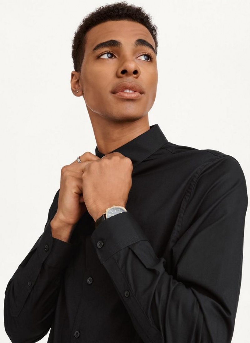 Black Men's DKNY Long Sleeve Button Down Shirts | Australia-D1535