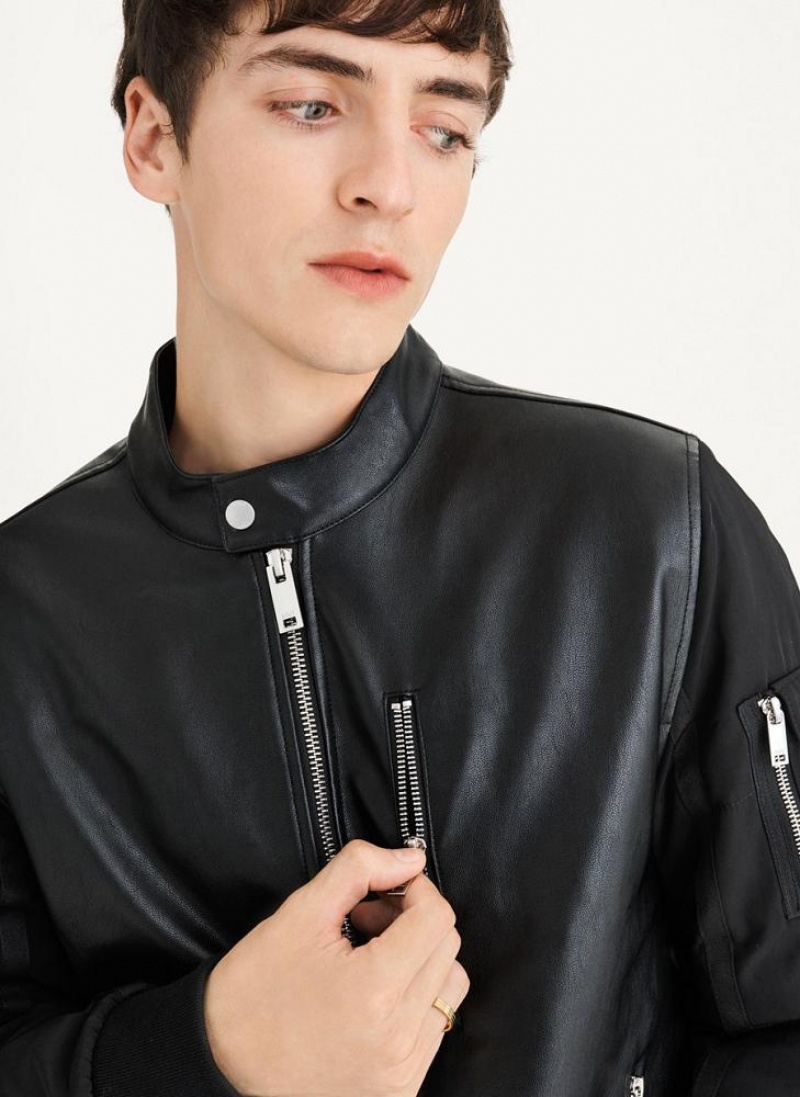 Black Men\'s DKNY Mixed Media Faux Leather Bomber Jackets | Australia-D1530