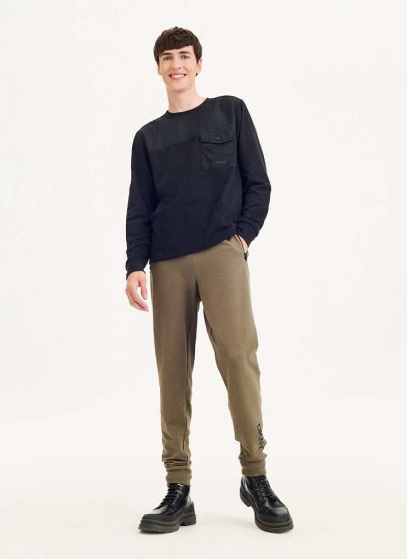 Black Men's DKNY Mixed Media Pocket Long Sleeve Knit T Shirts | Australia-D0300