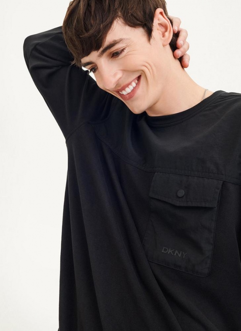 Black Men's DKNY Mixed Media Pocket Long Sleeve Knit T Shirts | Australia-D0300