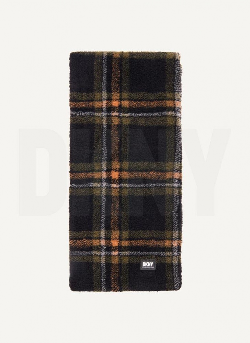 Black Men's DKNY Plush Multi Plaid Scarf | Australia-D0418