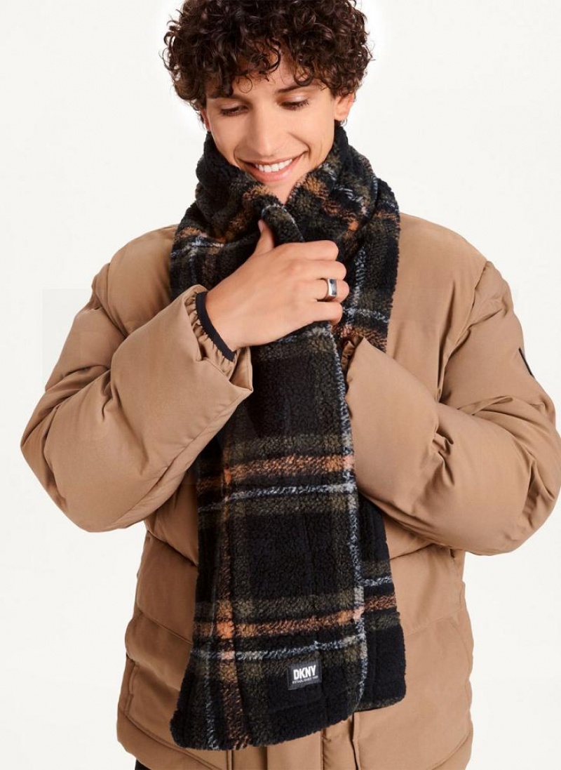 Black Men\'s DKNY Plush Multi Plaid Scarf | Australia-D0418
