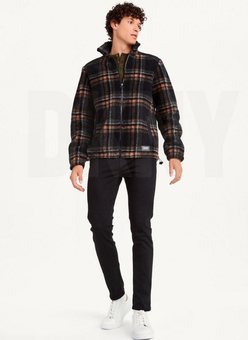 Black Men's DKNY Plush Plaid Shirt Jackets | Australia-D1519