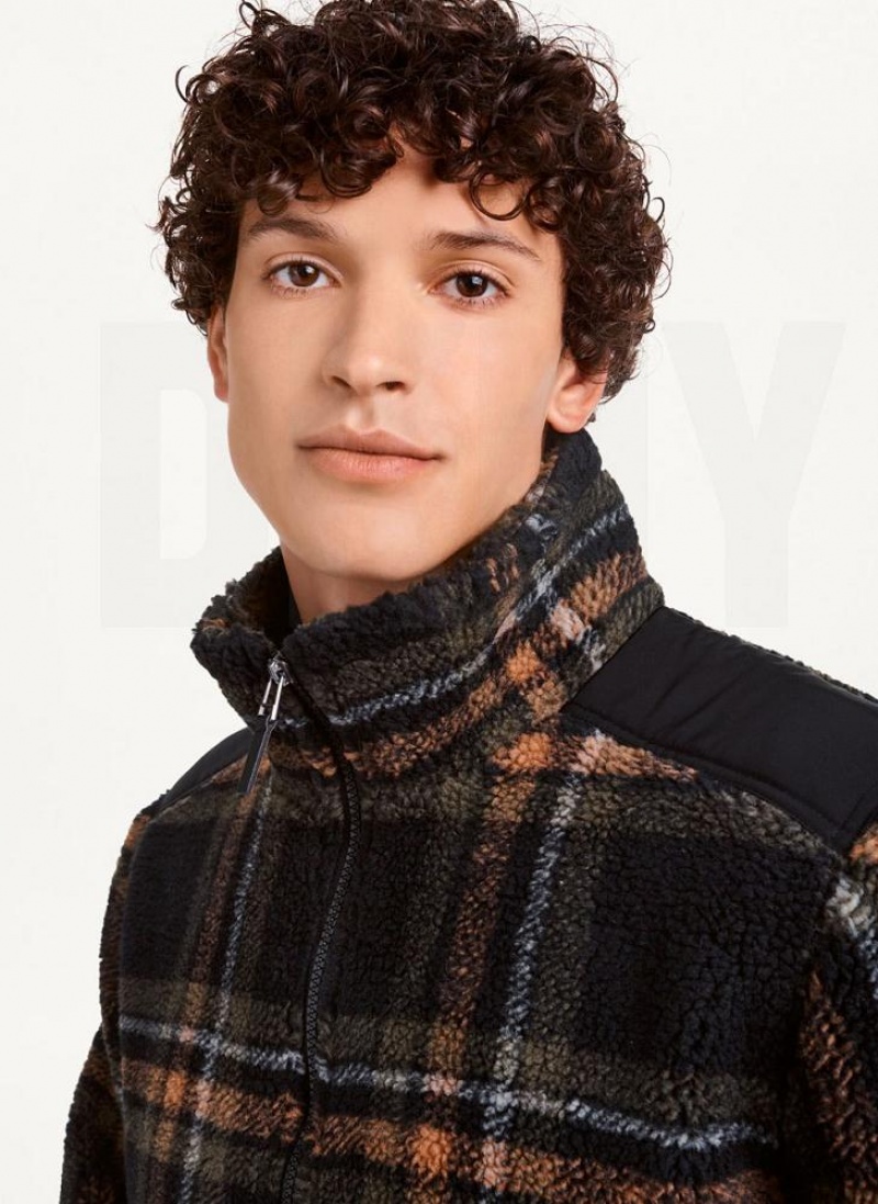 Black Men's DKNY Plush Plaid Shirt Jackets | Australia-D1519
