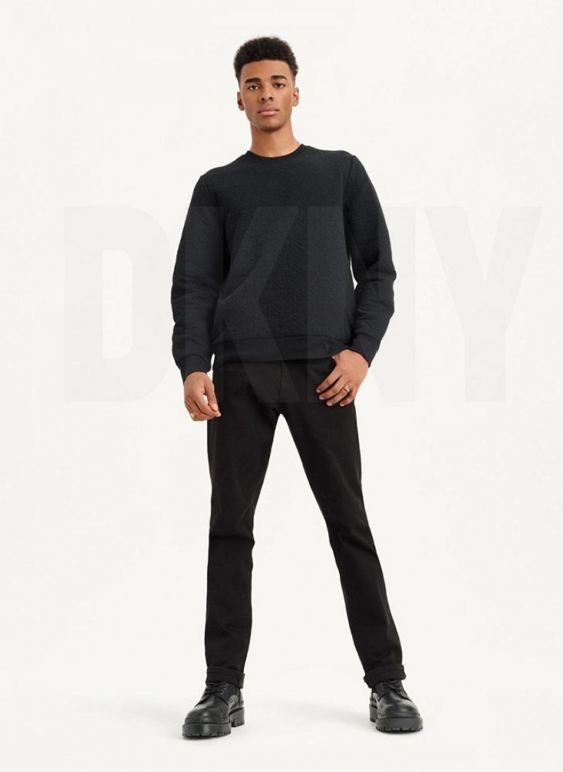 Black Men's DKNY Quilted Knit Allover Logo Crewneck Sweatshirts | Australia-D1374
