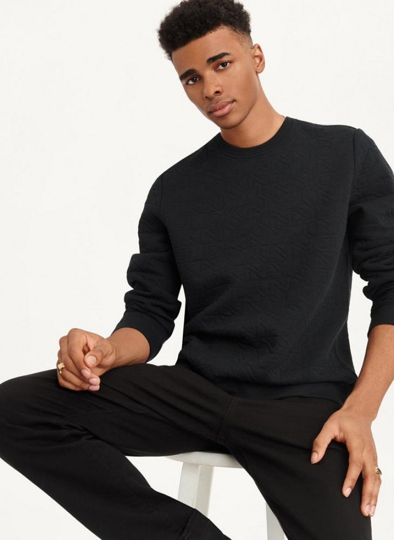 Black Men's DKNY Quilted Knit Allover Logo Crewneck Sweatshirts | Australia-D1374