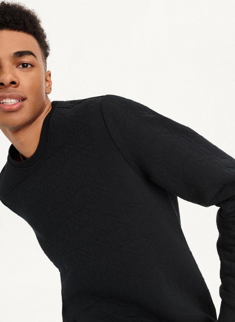 Black Men's DKNY Quilted Knit Allover Logo Crewneck Sweatshirts | Australia-D1374