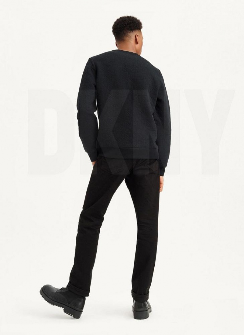 Black Men's DKNY Quilted Knit Allover Logo Crewneck Sweatshirts | Australia-D1374