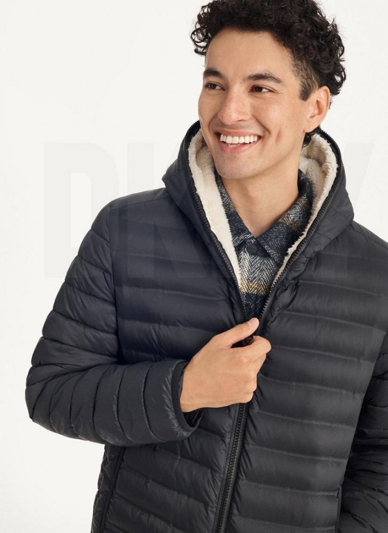 Black Men's DKNY Quilted Reversible Sherpa Jackets | Australia-D0107