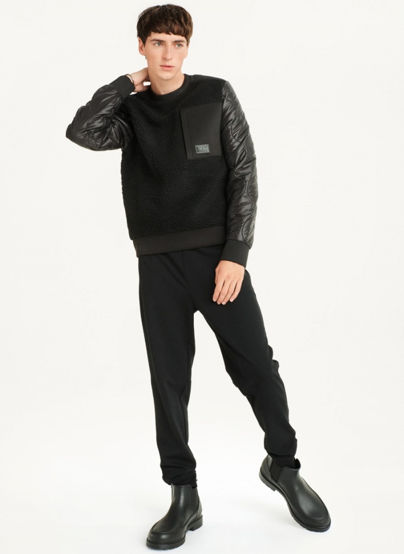 Black Men's DKNY Quilted Sleeve Crew Neck Sweatshirts | Australia-D1173