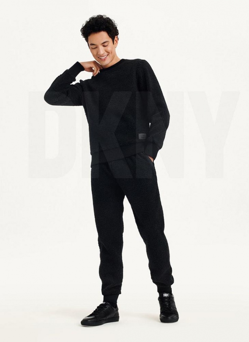 Black Men's DKNY Sherpa Long Sleeve Crew Sweatshirts | Australia-D1742