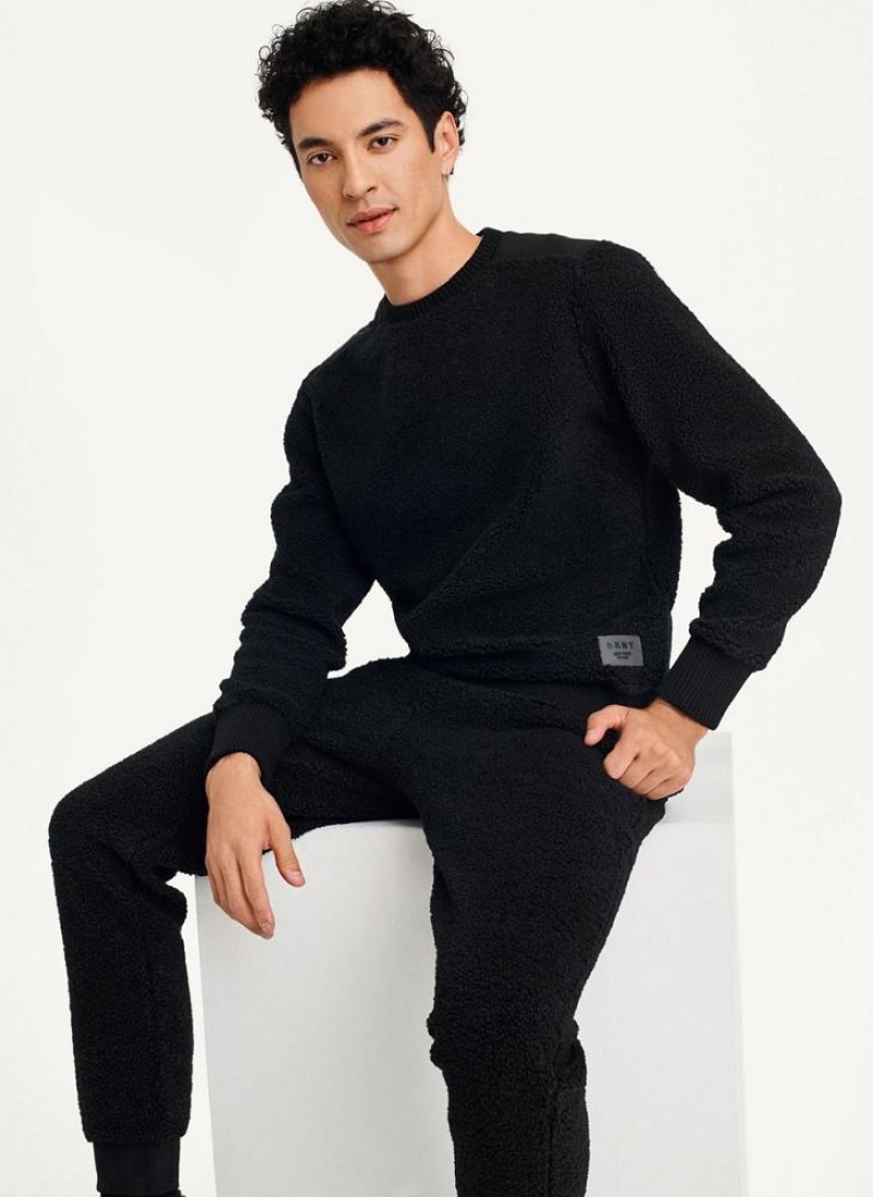 Black Men's DKNY Sherpa Long Sleeve Crew Sweatshirts | Australia-D1742