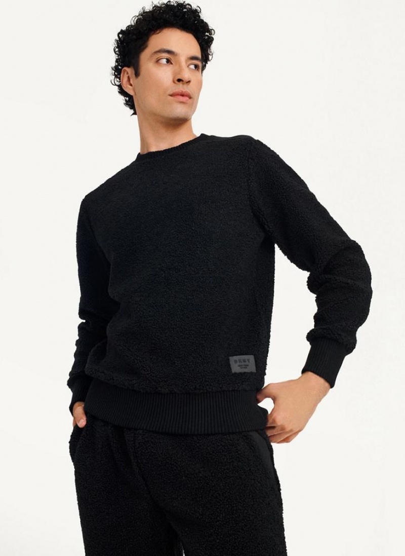 Black Men's DKNY Sherpa Long Sleeve Crew Sweatshirts | Australia-D1742