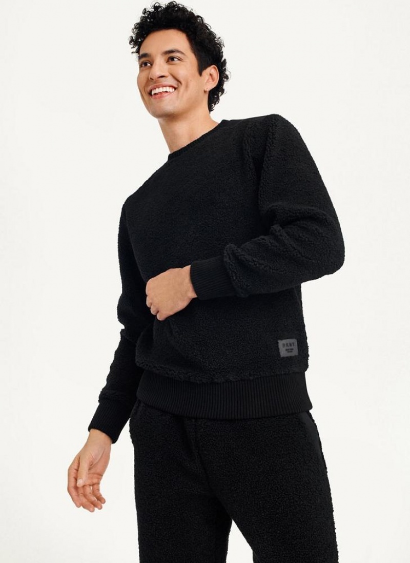 Black Men\'s DKNY Sherpa Long Sleeve Crew Sweatshirts | Australia-D1742