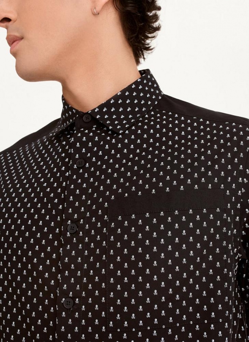 Black Men's DKNY Short Sleeve Micro Skull Print Shirts | Australia-D0246
