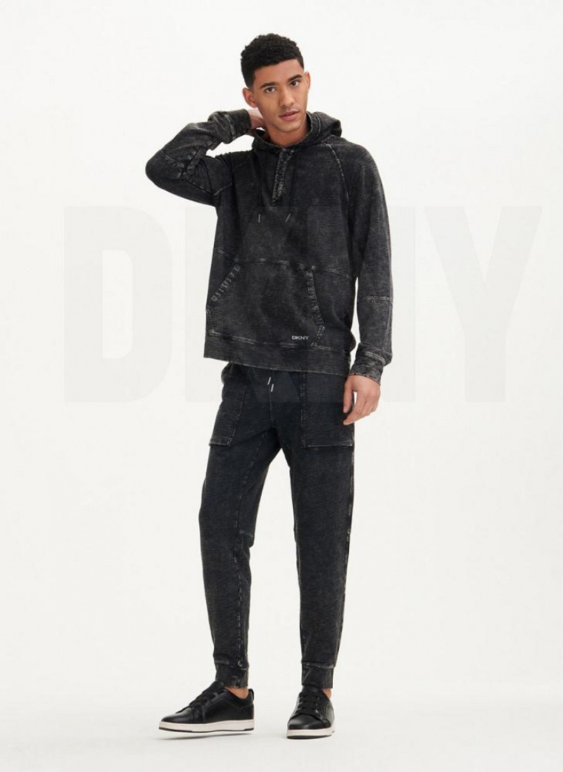 Black Men's DKNY Slub Beach French Terry Hoodies | Australia-D0212