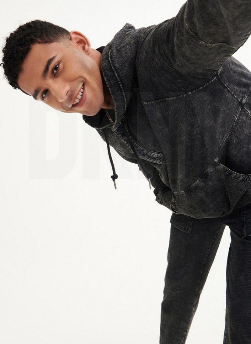 Black Men's DKNY Slub Beach French Terry Hoodies | Australia-D0212