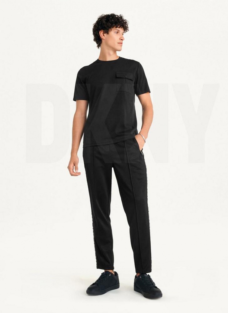 Black Men's DKNY Solid Pique Crewneck T Shirts | Australia-D1026