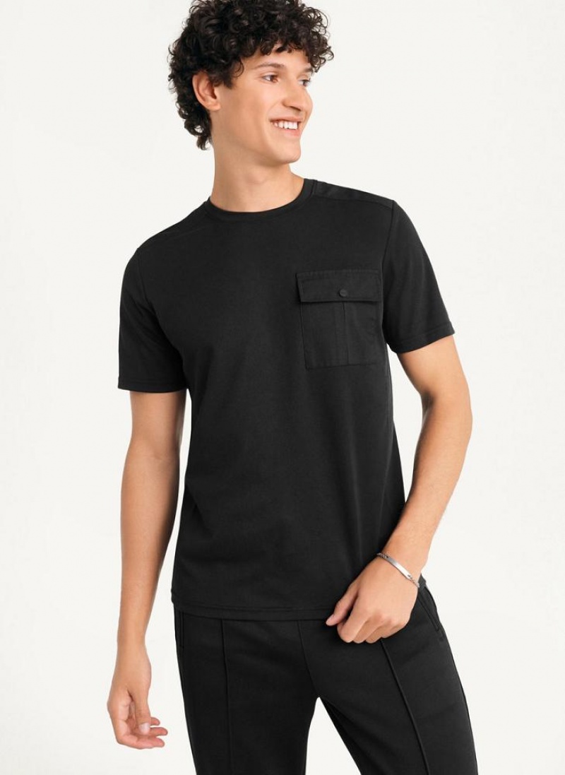 Black Men's DKNY Solid Pique Crewneck T Shirts | Australia-D1026