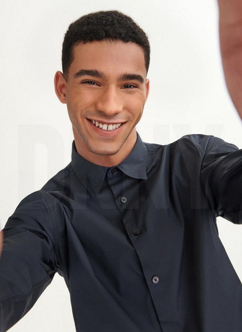 Black Men's DKNY Solid Woven Shirts | Australia-D1920