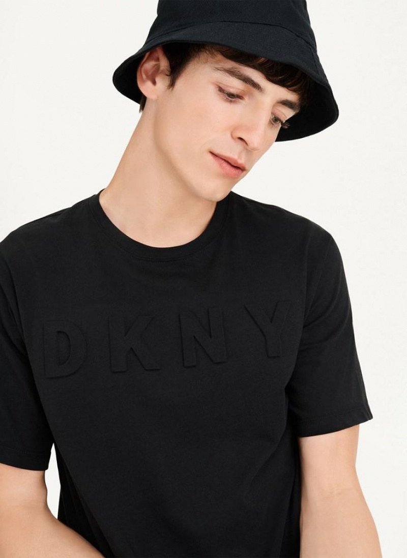 Black Men's DKNY Stamped Logo T Shirts | Australia-D0923