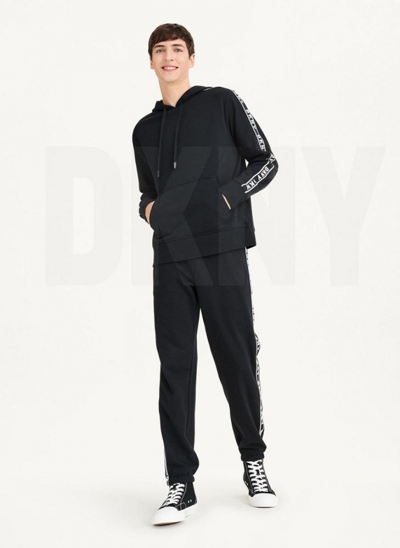 Black Men's DKNY Taped Logo Hoodies | Australia-D0111