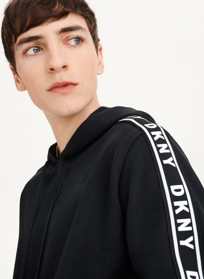 Black Men's DKNY Taped Logo Hoodies | Australia-D0111