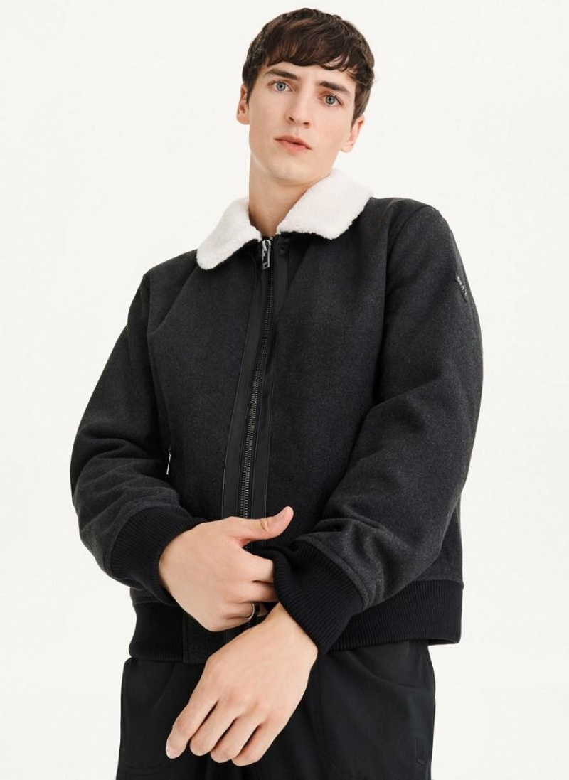 Black Men's DKNY Wool Blend Bomber With Sherpa Collar Jackets | Australia-D0573