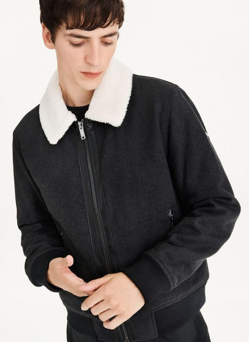 Black Men\'s DKNY Wool Blend Bomber With Sherpa Collar Jackets | Australia-D0573