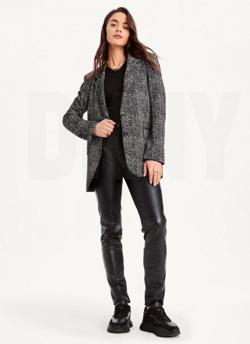 Black White Women's DKNY Long Sleeve Trim Tailored Jackets | Australia-D0428
