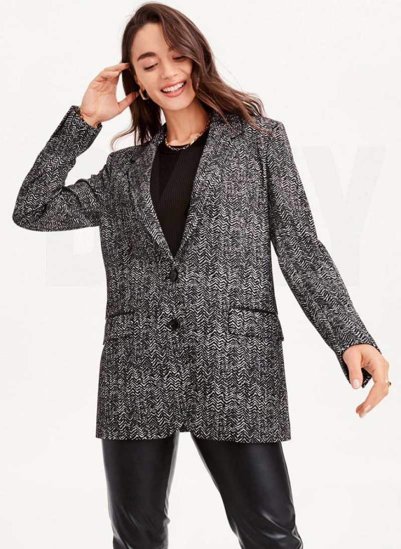 Black White Women's DKNY Long Sleeve Trim Tailored Jackets | Australia-D0428
