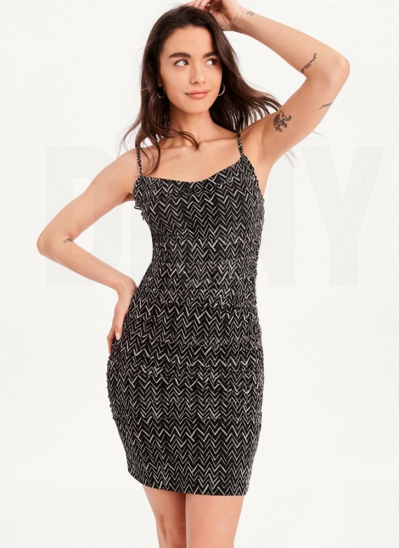 Black White Women\'s DKNY Printed Cami Ruched Midi Dresses | Australia-D0421